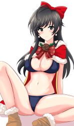 Rule 34 | 1girl, absurdres, ahoge, aikir (jml5160), bikini, black bikini, black eyes, black hair, blush, bow, bowtie, breasts, brown footwear, cape, christmas, cleavage, closed mouth, commentary, earrings, fur-trimmed cape, fur-trimmed footwear, fur trim, girls und panzer, hair bow, highres, isuzu hana, jewelry, large breasts, long hair, looking at viewer, navel, pinecone, red bow, red bowtie, red cape, shadow, shoes, simple background, sitting, smile, solo, spread legs, swimsuit, white background