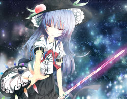 Rule 34 | 1girl, blue hair, female focus, food, fruit, hat, hinanawi tenshi, long hair, outstretched hand, peach, pink eyes, red eyes, shirt, skirt, solo, star (sky), sword of hisou, touhou, umagenzin