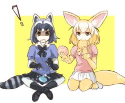 Rule 34 | !, 10s, 2girls, animal ears, bad id, bad twitter id, black footwear, black gloves, black legwear, black skirt, blue shirt, bodystocking, bow, bowtie, brown eyes, commentary, common raccoon (kemono friends), eating, extra ears, fennec (kemono friends), fork, fox ears, fox tail, frown, fur collar, gloves, grey hair, hairband, holding, holding fork, indian style, japari symbol, kemono friends, loafers, looking at viewer, medium hair, miniskirt, multicolored hair, multiple girls, open mouth, outside border, pink sweater, pleated skirt, puffy short sleeves, puffy sleeves, raccoon ears, raccoon tail, seiza, shadow, sharing food, shirt, shoes, short sleeves, sitting, skirt, socks, striped tail, sweater, tail, tearing up, wavy mouth, white footwear, white skirt, yellow background, yellow gloves, yellow hairband, yellow neckwear, yuuyu (777)