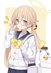 Rule 34 | 1girl, absurdres, backpack, bag, bespectacled, black sailor collar, black skirt, blue archive, blush, buttons, cardigan, glasses, grin, hifumi (blue archive), highres, light brown hair, long hair, long sleeves, looking at viewer, low twintails, peroro (blue archive), pleated skirt, round eyewear, ruiyuzawa, sailor collar, skirt, smile, solo, twintails, upper body, white cardigan, yellow eyes