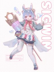 Rule 34 | 1girl, antennae, apron, aqua shirt, blue bow, blue hair, blue shirt, bow, bubble, character name, genshin impact, gloves, hands up, hat, heart, highres, holding, holding syringe, index finger raised, large syringe, long sleeves, looking at viewer, low twintails, nekoneru09, nurse cap, oversized object, pantyhose, pink bow, pink eyes, polka dot, polka dot background, puffy long sleeves, puffy shorts, puffy sleeves, shirt, shorts, sigewinne (genshin impact), solo, syringe, twintails, white apron, white background, white gloves, white hat, white pantyhose