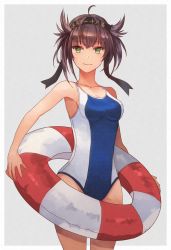 Rule 34 | 1girl, border, brown hair, competition swimsuit, cowboy shot, grey background, hair flaps, hatsuzuki (kancolle), innertube, kantai collection, kasumi (skchkko), looking at viewer, one-piece swimsuit, short hair, solo, swim ring, swimsuit, two-tone background, two-tone swimsuit, white border, yellow eyes