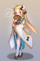 Rule 34 | 1girl, abigail williams (fate), black bow, black footwear, blonde hair, blue eyes, blue kimono, blush, bow, brown background, commentary, cosplay, covered mouth, dragon horns, english commentary, fate/grand order, fate (series), folding fan, forehead, full body, gradient background, grey background, hair bow, hand fan, holding, holding fan, horns, japanese clothes, kimono, kiyohime (fate), kiyohime (fate) (cosplay), long hair, long sleeves, looking at viewer, miya (miyaruta), obi, orange bow, parted bangs, sandals, sash, shadow, sleeves past wrists, solo, sparkle, thighhighs, v-shaped eyebrows, very long hair, white thighhighs, wide sleeves, zouri