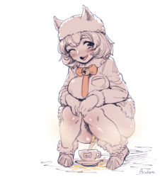Rule 34 | 1girl, alpaca huacaya (kemono friends), anchors (mono eye os), ass, black eyes, blush, boots, breasts, coat, cup, hat, highres, kemono friends, mug, open mouth, peeing, peeing in cup, pussy, ribbon, short hair, smile, steam, uncensored, white hair