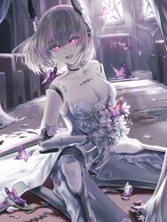 Rule 34 | 1girl, bouquet, breasts, bug, butterfly, character request, church, cleavage, dress, flower, grey dress, grey hair, hair ornament, headgear, highres, holding, holding bouquet, insect, joints, liv: luminance (skeletal bride) (punishing: gray raven), liv (punishing: gray raven), mechanical arms, mechanical legs, medium breasts, nininininil, official alternate costume, open mouth, punishing: gray raven, purple eyes, ringed eyes, robot joints, solo, teeth, upper teeth only