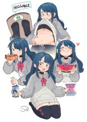 Rule 34 | 1girl, absurdres, black bra, black eyes, black thighhighs, blue hair, blush, bra, breasts, choker, closed eyes, closed mouth, clothes lift, eating, food, freckles, fruit, grey hoodie, highres, holding, holding food, hood, hoodie, hoodie lift, hot dog, long hair, long sleeves, looking at viewer, medium breasts, navel, open mouth, original, plump, smile, solo, sui (suizilla), teeth, thighhighs, underboob, underwear, upper teeth only, watermelon, watermelon slice, white background
