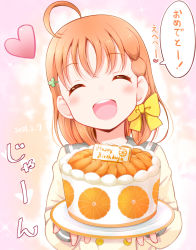Rule 34 | 1girl, ahoge, birthday, birthday cake, braid, cake, closed eyes, clover hair ornament, commentary request, dated, food, fruit, hair ornament, hair ribbon, happy birthday, inami anju, kurose yuuki, long sleeves, looking at viewer, love live!, love live! sunshine!!, orange (fruit), orange hair, orange slice, ribbon, school uniform, side braid, solo, takami chika, translation request, upper body, uranohoshi school uniform, voice actor connection