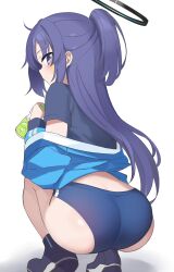 Rule 34 | 1girl, absurdres, ass, bare legs, blue archive, blue buruma, blush, bottle, buruma, facepaint, gym uniform, half updo, halo, highres, holding, holding bottle, jacket, jacket partially removed, light smile, long hair, looking at viewer, purple hair, shoes, sideways glance, simple background, sneakers, solo, sorozukin, squatting, star (symbol), track jacket, very long hair, white background, yuuka (blue archive), yuuka (track) (blue archive)