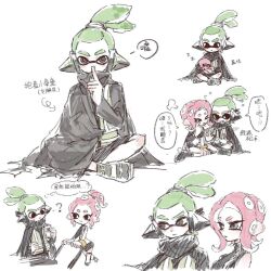 Rule 34 | 1boy, 1girl, ?, agent 3 (splatoon), agent 8 (splatoon), arrow (symbol), black cape, black eyes, black skirt, bright pupils, cape, chinese text, finger to mouth, grey eyes, headgear, high-visibility vest, highres, index finger raised, indian style, inkling, inkling boy, inkling player character, medium hair, miniskirt, nintendo, octoling, octoling girl, octoling player character, octopus, pink hair, ponytail, short hair, shushing, simple background, single bare shoulder, single sleeve, sitting, skirt, sleeping, smile, speech bubble, splatoon (series), splatoon 2, splatoon 2: octo expansion, tentacle hair, thenintlichen96, thigh strap, thought bubble, translation request, white background, white pupils, zzz