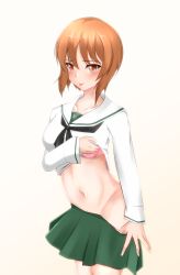 Rule 34 | 1girl, :p, blush, bra, brown eyes, brown hair, clothes lift, clothes pull, girls und panzer, highres, navel, nishizumi miho, ooarai school uniform, panties, panty pull, sae kitsune, school uniform, short hair, skirt, skirt pull, solo, tongue, tongue out, underwear, undressing