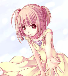 Rule 34 | 1girl, dress, kimidorin, original, outstretched hand, short twintails, simple background, solo, twintails, two side up, white background, yellow dress
