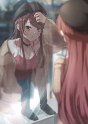 Rule 34 | 1girl, absurdres, adjusting hair, bell, beret, black choker, black hat, blue shorts, blurry, blurry foreground, blush, brown shirt, camisole, choker, collared shirt, commentary, day, depth of field, hat, highres, idolmaster, idolmaster shiny colors, long hair, long sleeves, marishiten (mar1sh110), neck bell, open clothes, open shirt, orange eyes, osaki amana, parted lips, red camisole, red hair, reflection, shirt, shorts, solo, standing, window