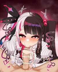 Rule 34 | 1boy, 1girl, afterimage, ahoge, black hair, blush, bow, caressing testicles, cleavage cutout, clothed female nude male, clothing cutout, dress, elbow gloves, eyeshadow, fellatio, frilled dress, frills, gloves, hair bow, hetero, highres, juliet sleeves, long hair, long sleeves, looking at viewer, makeup, multicolored hair, nagmo chaaan, nijisanji, nude, open mouth, oral, paid reward available, penis, pink eyeshadow, pink hair, puffy sleeves, red eyes, ribbon, saliva, saliva trail, simple background, solo focus, sound effects, streaked hair, testicles, tongue, tongue out, twintails, two-tone hair, virtual youtuber, white dress, white gloves, white hair, yorumi rena, yorumi rena (1st costume)