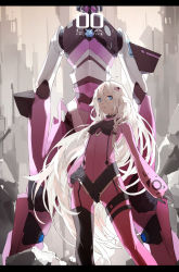 Rule 34 | 1girl, blue eyes, hair ornament, ia (vocaloid), letterboxed, long hair, looking at viewer, mecha, neon genesis evangelion, nine (liuyuhao1992), parted lips, plugsuit, robot, solo, vocaloid, white hair, wind