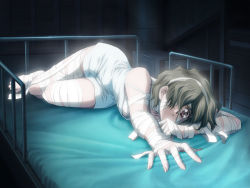 Rule 34 | 1girl, arca novartis, bandage over one eye, bandaged arm, bandaged hand, bandaged leg, bandages, bare shoulders, barefoot, bed, brown eyes, brown hair, carnelian, clenched hand, dark, dress, eve (series), eve zero, eyepatch, fingernails, full body, game cg, glowing, grey hair, hair over one eye, hospital bed, indoors, long fingernails, lying, official art, official wallpaper, on bed, on side, parted lips, purple eyes, short dress, short hair, solo, spaghetti strap, strap slip, wallpaper, white dress