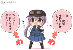 Rule 34 | 1girl, adapted costume, akebono (kancolle), baseball cap, bell, black gloves, black hat, black thighhighs, black vest, blue skirt, chibi, commentary request, eyewear on head, flower, full body, gloves, goma (yoku yatta hou jane), green vest, hair bell, hair flower, hair ornament, hand on own hip, hat, jingle bell, kantai collection, long hair, official alternate costume, open mouth, pleated skirt, purple eyes, purple hair, short sleeves, side ponytail, simple background, skirt, solo, standing, sunglasses, thighhighs, translation request, twitter username, very long hair, vest, wavy mouth, white background