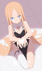 Rule 34 | 1girl, abigail williams (fate), absurdres, bare shoulders, blonde hair, blue eyes, breasts, cupping hands, fate/grand order, fate (series), forehead, highres, jilu, licking lips, long hair, looking at viewer, own hands together, parted bangs, seiza, sitting, small breasts, smile, solo, suggestive fluid, thighs, tongue, tongue out, very long hair