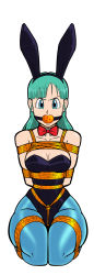 Rule 34 | 1girl, angry, animal ears, arms behind back, ball gag, bdsm, black leotard, blue eyes, bondage, bound, bound arms, bound legs, bow, bowtie, box tie, breast bondage, breasts, bulma, cleavage, collarbone, curvy, detached collar, dragon ball, dragon ball (object), fake animal ears, full body, gag, gagged, green hair, highleg, highleg leotard, highres, improvised gag, kneeling, leotard, looking at viewer, playboy bunny, rabbit ears, rope, shiny clothes, wide hips, wossarem