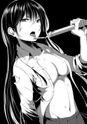 Rule 34 | 1girl, attsun (atsushi jb), bad id, bad pixiv id, black hair, breasts, cleavage, greyscale, highres, injury, licking, monochrome, monochrome, navel, no bra, official art, scar, scratches, seifuku!, skirt, sleeves pushed up, solo, tachibana aoi