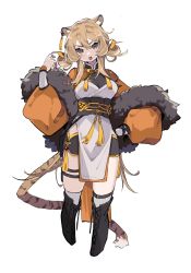 Rule 34 | 1girl, animal ears, arknights, blonde hair, boots, breasts, brown eyes, chinese clothes, du yaoye (arknights), earrings, full body, fur trim, highres, jewelry, long hair, looking at viewer, open mouth, simple background, solo, tail, teeth, thighhighs, tiger ears, tiger girl, tiger tail, vegetable noda, white background, white thighhighs