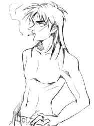 Rule 34 | 1boy, cigarette, greyscale, hand on own hip, itou kaiji, kaiji, long hair, looking at viewer, male focus, monochrome, penki, scar, topless male