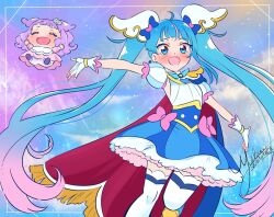 Rule 34 | 2girls, ahoge, baby, blue bow, blue cape, blue eyes, blue hair, blue skirt, blush, bow, brooch, cape, closed eyes, commentary, cure sky, detached sleeves, ellee-chan, english commentary, fingerless gloves, frills, gloves, gradient hair, hirogaru sky! precure, jewelry, magical girl, mel-chan, multicolored hair, multiple girls, open mouth, pink bow, pink hair, precure, purple hair, skirt, smile, sora harewataru, twintails, undercut, white gloves, wing brooch, wing hair ornament