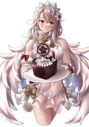 Rule 34 | 1girl, absurdres, bare shoulders, blush, breasts, cake, chocolate cake, detached sleeves, fate/grand order, fate (series), food, giving, grey hair, hair between eyes, head tilt, heart-shaped cake, highres, holding, holding plate, illyasviel von einzbern, long hair, looking at viewer, medium breasts, navel, numaguro (tomokun0808), aged up, panties, plate, prisma illya, red eyes, see-through, simple background, solo, underwear, valentine, very long hair, white background