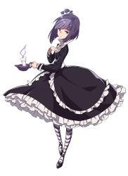 Rule 34 | 1girl, black dress, blackberry cookie, blunt bangs, brooch, candle, cookie run, crown, dress, hand on own chest, highres, jewelry, lolita fashion, long sleeves, looking at viewer, mini crown, multicolored hair, pantyhose, petticoat, purple eyes, purple hair, short hair, simple background, solo, striped clothes, striped pantyhose, supernew, two-tone hair, white background