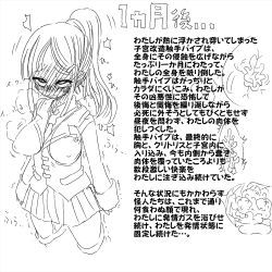 Rule 34 | 1girl, akaishi shiroishi, blazer, blush, body modification, breasts, clenched teeth, cowboy shot, crying, crying with eyes open, covered erect nipples, full-face blush, heavy breathing, jacket, japanese text, large breasts, living clothes, long hair, long sleeves, monochrome, necktie, orgasm, ponytail, school uniform, shaking, skirt, tears, teeth, translated