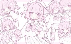 &gt;_&lt; 1girl :&lt; :o ;o @_@ ahoge animal_ears armband backpack bag bandaged_leg bandages bandaid blush bow bowtie cat_ears cat_girl closed_mouth hair_ornament hat heart heart_ahoge highres holding holding_stuffed_toy indie_virtual_youtuber kayaki_(nettai) knees_up leaning_to_the_side long_sleeves looking_at_viewer momone_chinoi multiple_views one_eye_closed pink_bow pink_eyes pink_hair pink_theme pleated_skirt ribbon sailor_collar school_uniform serafuku shirt short_hair simple_background sitting sketch skirt standing striped_clothes striped_thighhighs stuffed_animal stuffed_toy tail thighhighs two_side_up upper_body virtual_youtuber white_background