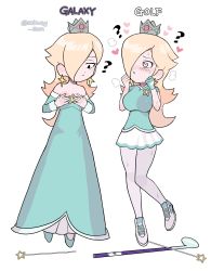 Rule 34 | 2girls, ?, alternate breast size, alternate costume, artist name, bare shoulders, blonde hair, blue dress, blue skirt, blush, breast envy, closed eyes, crown, dot nose, dress, dual persona, earrings, embarrassed, english text, eyelashes, flat chest, floating, full body, gloves, golf club, hair over one eye, half-closed eyes, heart, heart-shaped pupils, highres, jewelry, looking at another, mario (series), mario golf, mario golf: super rush, miniskirt, multiple girls, nintendo, rosalina, scared, selfcest, shirt, skirt, star (symbol), subway sum, super mario galaxy, sweat, symbol-shaped pupils, taut clothes, taut shirt, tennis, w arms, wand, white background, white gloves, white legwear, yuri