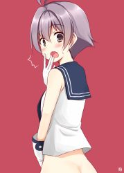 Rule 34 | 10s, 1girl, :o, ^^^, akane souichi, ass, blush, bottomless, brown eyes, butt crack, covering own mouth, from behind, gloves, grey hair, hair between eyes, kantai collection, looking at viewer, looking back, open mouth, out-of-frame censoring, red background, sakawa (kancolle), school uniform, serafuku, short hair, simple background, solo, sweatdrop, white gloves
