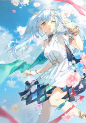 Rule 34 | 1girl, absurdres, blue hair, blue nails, blue sky, bracelet, cape, cloud, dress, faruzan (genshin impact), feet out of frame, flower, genshin impact, green cape, green eyes, hair ornament, hand up, highres, jewelry, kaeki, light blue hair, long hair, looking at viewer, nail polish, open mouth, outdoors, pink flower, red ribbon, ribbon, ring, short sleeves, sky, solo, twintails, white dress, x hair ornament, yellow flower