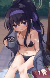Rule 34 | 1girl, absurdres, bags under eyes, bikini, bikini under clothes, black bikini, blue archive, blush, breasts, coffee, collarbone, commentary request, crossed bangs, cup, feet out of frame, grey jacket, hair between eyes, hair ribbon, hairband, halo, highres, holding, holding cup, jacket, jewelry, long hair, long sleeves, looking at viewer, navel, off shoulder, official alternate costume, parted lips, pendant, ponytail, purple eyes, purple hairband, purple ribbon, ribbon, sitting, sleeves past wrists, small breasts, solo, swimsuit, ui (blue archive), ui (swimsuit) (blue archive), very long hair, waon (43ctw), yellow halo