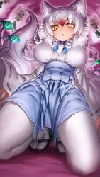 Rule 34 | 1girl, animal ears, arms behind back, aura, breasts, fang, fox ears, fox girl, fox tail, frills, from below, fur trim, grey hair, hair between eyes, hakama, highres, impossible clothes, japanese clothes, kemono friends, kimono, kneeling, large breasts, long sleeves, looking at viewer, makami (kemono friends), multicolored hair, neck ribbon, oyu udon, pantyhose, parted lips, red hair, ribbon, sandals, solo, tail, white hair, white pantyhose, wide sleeves, yellow eyes, zouri