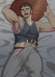 Rule 34 | 1boy, abs, akashi (live a hero), armpits, bara, bulge, casual, dark, erection, erection under clothes, feet out of frame, grey tank top, highres, live a hero, long sideburns, lying, male focus, male underwear, male underwear peek, midriff peek, muscular, muscular male, navel, nipple slip, nipples, on back, on bed, paid reward available, pectorals, red male underwear, scar, scar on face, scar on nose, shirt, short hair, sideburns, sidepec, solo, stomach, striped clothes, striped shirt, tank top, thick thighs, thighs, underwear, yoshinaga haru