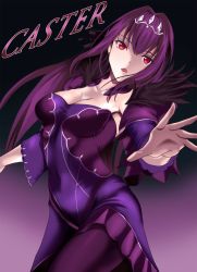 Rule 34 | 1girl, breasts, caster (lostbelt), cleavage, collarbone, detached sleeves, dress, fate/grand order, fate (series), floating hair, gradient background, hair between eyes, hair ornament, highres, large breasts, long hair, looking at viewer, open mouth, pantyhose, purple dress, purple hair, purple pantyhose, red eyes, scathach (fate), scathach skadi (fate), shiki (love-saber), sleeveless, sleeveless dress, solo, standing, strapless, strapless dress, very long hair