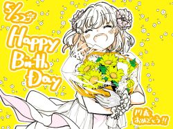 Rule 34 | 1girl, ^ ^, blush, bouquet, character age, closed eyes, commentary, dated, dress, facing viewer, flower, frilled gloves, frills, gloves, happy birthday, hinoshita kaho, holding, holding bouquet, lace, lace gloves, link! like! love live!, link to the future (love live!), love live!, medium hair, open mouth, partially colored, pink dress, smile, solo, translation request, two side up, upper body, virtual youtuber, white dress, yellow background, yellow flower, yukiri takashi