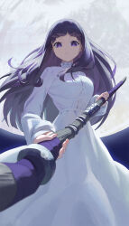 Rule 34 | 1girl, absurdres, aiming, aiming at viewer, blunt bangs, dress, expressionless, fern (sousou no frieren), floating hair, full moon, highres, holding, holding staff, llami 0, long dress, long hair, long sleeves, looking at viewer, mage staff, moon, purple eyes, purple hair, solo, sousou no frieren, staff, very long hair, white dress