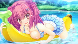 Rule 34 | 1girl, banana, barefoot, bikini, blue bikini, blush, breast press, breast slip, breasts, breasts out, brown eyes, double bun, fang, food, forest, fruit, game cg, hair intakes, hair ornament, kujiragami no tearstilla, lying, mikagami mamizu, narumi marine, nature, nipples, on stomach, one breast out, open mouth, pink hair, polka dot, polka dot bikini, polka dot swimsuit, solo, swimsuit, water