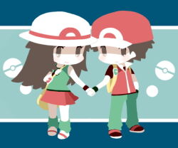 Rule 34 | 1boy, 1girl, backpack, bag, black wristband, brown eyes, brown hair, chibi, closed mouth, commentary request, creatures (company), game freak, green pants, green shirt, green socks, hand in pocket, hat, holding hands, holding strap, leaf (pokemon), long hair, lowres, milkpeachi, nintendo, pants, pleated skirt, poke ball symbol, pokemon, pokemon frlg, red (pokemon), red hat, red skirt, shirt, shoes, shoulder bag, skirt, sleeveless, sleeveless shirt, smile, socks, standing, vs seeker, white footwear, white hat, yellow bag