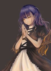 Rule 34 | 1girl, animated, animated gif, beads, brown hair, cape, commentary, cross-laced clothes, dress, expressionless, fire, gradient hair, grey background, hijiri byakuren, layered dress, lennard hirao, long hair, looking down, multicolored hair, prayer beads, praying, purple hair, simple background, solo, squinting, touhou, two-tone hair, undefined fantastic object, wavy hair, white dress, wind, yellow eyes