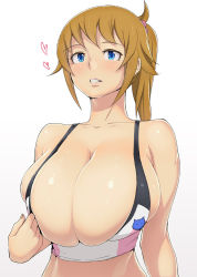 Rule 34 | 10s, 1girl, ao madoushi, bare arms, bare shoulders, blue eyes, blush, breasts, brown hair, bursting breasts, cleavage, gundam, gundam build fighters, gundam build fighters try, heart, highres, hoshino fumina, huge breasts, looking at viewer, parted lips, ponytail, smile, solo, tank top, upper body