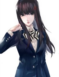 Rule 34 | 1girl, arm up, black eyes, black hair, blazer, blunt bangs, bow, bowtie, breasts, buttons, closed mouth, collared shirt, hair ornament, highres, hime cut, jacket, kosei high school uniform, long hair, looking at viewer, multicolored bow, persona, persona 5, pertex 777, pleated skirt, school uniform, shirt, simple background, skirt, solo, tougou hifumi, white background, white shirt