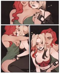 Rule 34 | 2girls, ahageao49, belt, black gloves, black lips, black nails, black pants, blonde hair, blue eyes, blush, bottomless, breasts, cleavage, couple, crop top, dc comics, fingerless gloves, gloves, green eyes, green nightgown, harley quinn, heart, highres, hug, hug from behind, implied fingering, kiss, lips, lipstick, lipstick mark, lipstick mark on breast, long hair, loose clothes, makeup, medium breasts, multiple girls, nail, nail polish, navel, nightgown, open mouth, pajamas, pants, poison ivy, red hair, sideboob, smile, teeth, thighs, twintails, yuri