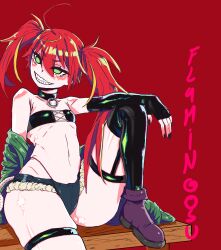 Rule 34 | 1girl, artist name, artist request, breasts, curvy, fingerless gloves, gloves, green eyes, grin, hand on own hip, highres, kyuukyoku shinka shita full dive rpg ga genjitsu yori mo kusoge dattara, legs, long hair, looking to the side, midriff, mizarisa, navel, red hair, shiny skin, shorts, sitting, small breasts, smile, solo, thighs, thong, tongue, tongue out, twintails, unbuttoned, underboob, unzipped, wide hips