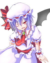 Rule 34 | 1girl, :d, ascot, bat wings, blue hair, brooch, collar, dress, fang, frilled collar, frilled cuffs, frilled dress, frilled shirt collar, frills, hat, hat ribbon, jewelry, mob cap, one eye closed, open mouth, red eyes, red ribbon, remilia scarlet, ribbon, sash, shirt, short sleeves, simple background, slit pupils, smile, solo, touhou, tsuri buta, white dress, white shirt, wings, wrist cuffs