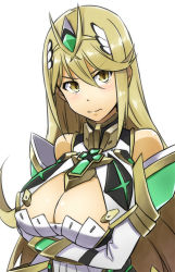 Rule 34 | 1girl, alto-00, armor, bare shoulders, blonde hair, breasts, cleavage, cross, dress, gloves, highres, large breasts, long hair, looking at viewer, mythra (xenoblade), nintendo, solo, tiara, upper body, xenoblade chronicles (series), xenoblade chronicles 2, xenoblade chronicles (series), xenoblade chronicles 2, yellow eyes