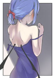 Rule 34 | 1girl, alternate costume, ass, back, bat wings, blue dress, blue hair, blush, border, cowboy shot, dress, ei tantan, facing away, from behind, grey background, hair ornament, hair scrunchie, hand up, hands up, no headwear, no headwear, outside border, pointy ears, ponytail, remilia scarlet, scrunchie, short hair, simple background, solo, strap slip, touhou, white border, wings