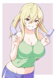 Rule 34 | 1girl, blonde hair, blue shorts, blush, breasts, brown eyes, camisole, cleavage, collarbone, food, green camisole, green shirt, hair between eyes, hair ornament, hairclip, highres, kasabuta9500, large breasts, navel, original, popsicle, shirt, short shorts, shorts, sleeveless, smile, stomach, teeth, toned stomach, twintails